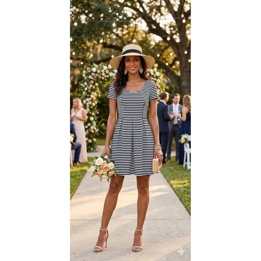 J.Crew Black & White Striped Fit & Flare Mini Dress Sx 2 Preppy Wedding Guest